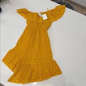 Joie Mustard Eyelet Off-Shoulder double lined dress. Size XS NWT